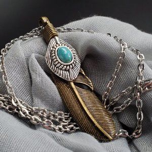 FP Bohemian Necklace Feather Turquoise Pendant Antique Bronze Silver